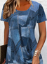 Women Faux Denim Print Graphic Short Sleeve Summer Printing Dress Crew Neck Daily Casual Mini Tunic H-Line Dress
