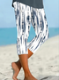 Women Abstract Stripes Capris Elastic Waist Pants Casual Summer Trousers