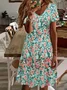 Women Floral Short Sleeve Summer Printing Dress V Neck Daily Casual Midi Fit & Flare Dress A-Line Dress