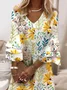 Women Floral Half Sleeve Summer Printing Dress V Neck Daily Casual Maxi H-Line Dress