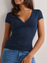 Women Plain Short Sleeve Tee T-shirt V Neck Ruched Casual Summer Top