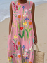Women Floral Sleeveless Summer Printing Dress Crew Neck Daily Casual Maxi Tank H-Line Dress