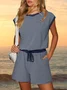 Women Striped Crew Neck Short Sleeve Casual Summer Jumpsuit