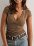 Women Plain Short Sleeve Tee T-shirt V Neck Ruched Casual Summer Top