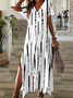 Women Striped Short Sleeve Summer Printing Dress V Neck Daily Casual Maxi X-Line Dress