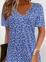 Women Floral Short Sleeve Summer Printing Dress V Neck Daily Casual Midi Fit & Flare Dress A-Line Dress