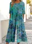 Women Floral Crew Neck Short Sleeve Casual Summer Jumpsuit