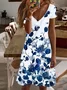 Women Floral Short Sleeve Summer Printing Dress V Neck Daily Casual Midi Fit & Flare Dress A-Line Dress