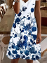 Women Floral Short Sleeve Summer Printing Dress V Neck Daily Casual Midi Fit & Flare Dress A-Line Dress