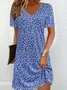 Women Floral Short Sleeve Summer Printing Dress V Neck Daily Casual Midi Fit & Flare Dress A-Line Dress