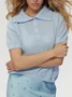 Women Plain Short Sleeve Tee T-shirt Shawl Collar Buckle Casual Summer Top
