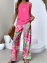 Women Floral Two-Piece Set Daily Sleeveless Casual Summer Top With Pants Matching Set