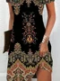 Women Floral Short Sleeve Summer Printing Dress V Neck Daily Casual Midi Fit & Flare Dress A-Line Dress