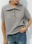 Women Plain Short Sleeve Tee T-shirt Shawl Collar Buckle Casual Summer Top
