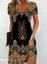 Women Floral Short Sleeve Summer Printing Dress V Neck Daily Casual Midi Fit & Flare Dress A-Line Dress
