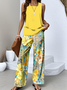 Women Floral Two-Piece Set Daily Sleeveless Casual Summer Top With Pants Matching Set