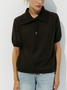 Women Plain Short Sleeve Tee T-shirt Shawl Collar Buckle Casual Summer Top