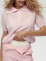 Women Plain Short Sleeve Tee T-shirt Shawl Collar Buckle Casual Summer Top