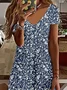 Women Floral Short Sleeve Summer Printing Dress V Neck Daily Casual Midi Fit & Flare Dress A-Line Dress