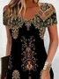 Women Floral Short Sleeve Summer Printing Dress V Neck Daily Casual Midi Fit & Flare Dress A-Line Dress