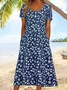 Women Floral Half Sleeve Summer Printing Dress Crew Neck Daily Casual Maxi A-Line Dress