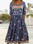 Women Floral Half Sleeve Summer Printing Dress Crew Neck Daily Casual Maxi A-Line Dress