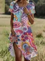 Women Floral Short Sleeve Summer Printing Dress Crew Neck Daily Casual Mini Tunic H-Line Dress