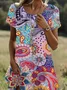 Women Floral Short Sleeve Summer Printing Dress Crew Neck Daily Casual Mini Tunic H-Line Dress