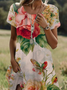 Women Floral Short Sleeve Summer Printing Dress Crew Neck Daily Casual Mini Tunic H-Line Dress
