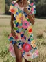 Women Floral Short Sleeve Summer Printing Dress Crew Neck Daily Casual Mini Tunic H-Line Dress
