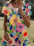 Women Floral Short Sleeve Summer Printing Dress Crew Neck Daily Casual Mini Tunic H-Line Dress