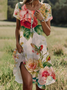 Women Floral Short Sleeve Summer Printing Dress Crew Neck Daily Casual Mini Tunic H-Line Dress