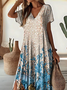 Women Floral Short Sleeve Summer Printing Dress V Neck Daily Casual Maxi X-Line Dress