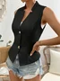 Women Sleeveless Tank Top Camisole Summer Plain Buckle Stand Collar Daily Simple Top