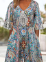 Women Floral V Neck Half Sleeve Casual Summer Jumpsuit