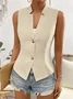 Women Sleeveless Tank Top Camisole Summer Plain Buckle Stand Collar Daily Simple Top