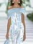 Women Floral Cap Sleeve Summer Printing Dress Cold Shoulder Daily Vintage Maxi H-Line Dress