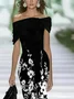Women Floral Cap Sleeve Summer Printing Dress Cold Shoulder Daily Vintage Maxi H-Line Dress