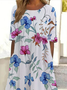 Women Floral Half Sleeve Summer Printing Dress Crew Neck Daily Casual Maxi A-Line Dress