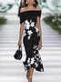 Women Floral Cap Sleeve Summer Printing Dress Cold Shoulder Daily Vintage Maxi H-Line Dress