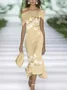 Women Floral Cap Sleeve Summer Printing Dress Cold Shoulder Daily Vintage Maxi H-Line Dress