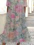 Women Floral Half Sleeve Summer Printing Dress Crew Neck Daily Casual Maxi A-Line Dress