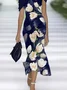 Women Floral Cap Sleeve Summer Printing Dress Cold Shoulder Daily Vintage Maxi H-Line Dress
