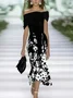 Women Floral Cap Sleeve Summer Printing Dress Cold Shoulder Daily Vintage Maxi H-Line Dress