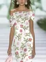 Women Floral Cap Sleeve Summer Printing Dress Cold Shoulder Daily Vintage Maxi H-Line Dress