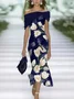 Women Floral Cap Sleeve Summer Printing Dress Cold Shoulder Daily Vintage Maxi H-Line Dress