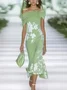 Women Floral Cap Sleeve Summer Printing Dress Cold Shoulder Daily Vintage Maxi H-Line Dress