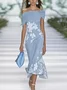 Women Floral Cap Sleeve Summer Printing Dress Cold Shoulder Daily Vintage Maxi H-Line Dress