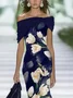 Women Floral Cap Sleeve Summer Printing Dress Cold Shoulder Daily Vintage Maxi H-Line Dress