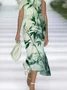 Women Floral Cap Sleeve Summer Printing Dress Cold Shoulder Daily Vintage Maxi H-Line Dress